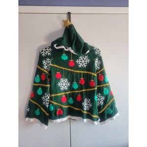Christmas Hoodie Knit Sweater Ornament Snowflake Green Pullover Girl M 7/8